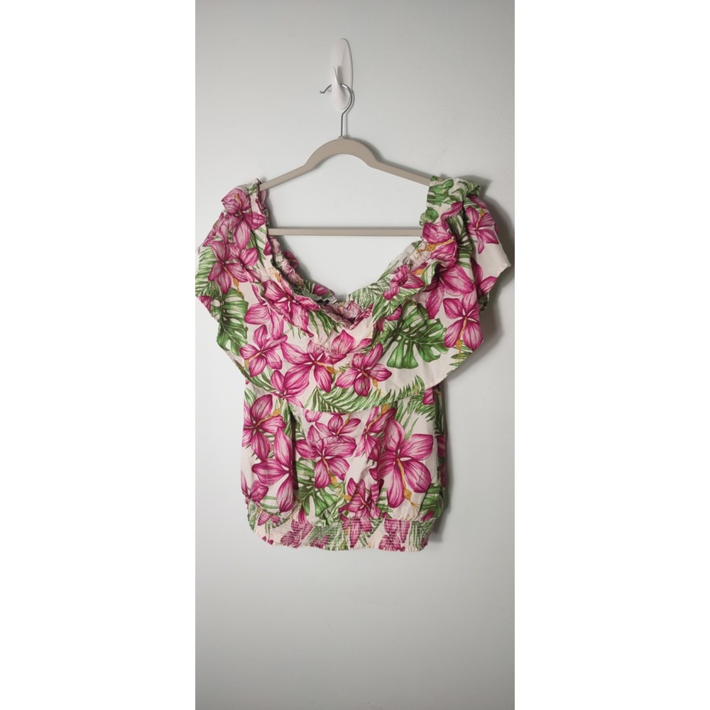 Womens Crown And Ivy Short Sleeve Off The Shoulder Ruffle Hibiscus Palm Size XXL